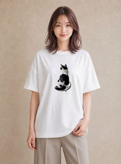 Tシャツ レディース サビ猫 猫 ねこ イラスト アート風 買い物 夏コーデ 白T YMAZO
