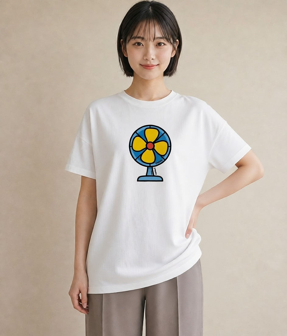 Tシャツ レディース 扇子 そよ風 ナチュラル アンティーク イラスト ラフ レイヤード 白T YMAZO