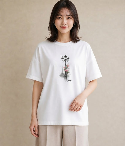 グラフィックTシャツ レディース 街灯 夜霧 夜 ナチュラル アンティーク イラスト 旅行コーデ 春服 ミセス 白T YMAZO
