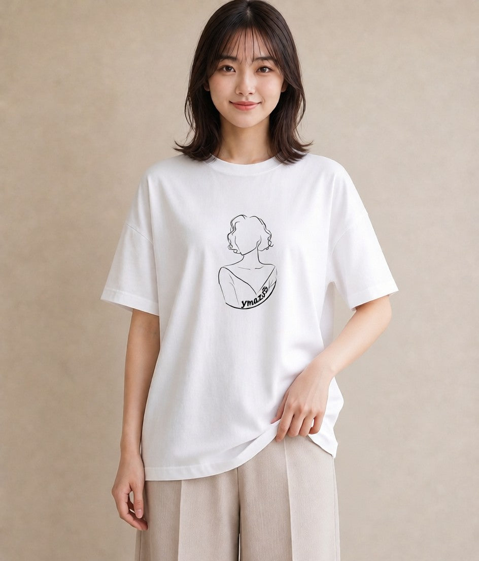 Tシャツ レディース 女の子 ガール 後ろ姿 イラスト こなれ感 ママ カフェ服 白T YMAZO