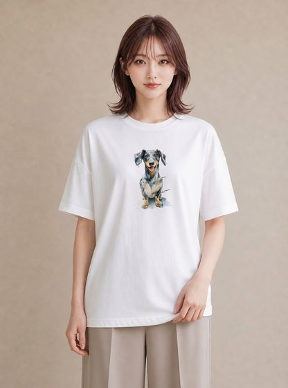 プリントTシャツ レディース 愛犬 犬 いぬ イラスト 水彩風 カフェ服 クリスマス 白T YMAZO