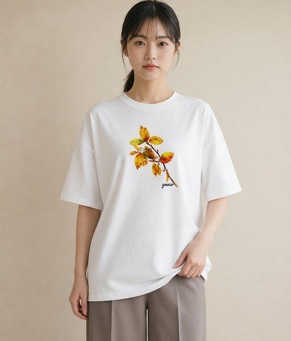 半袖Tシャツ レディース 落ち葉 植物 ボタニカル イラスト こなれ感 ラフ レイヤード 白T YMAZO