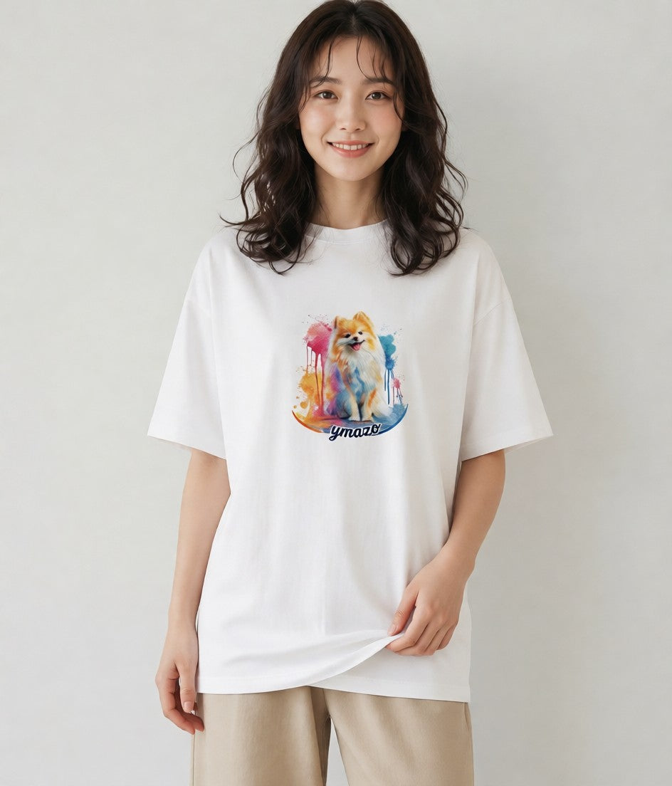 デザインTシャツ レディース ポメラニアン ポメ 犬 いぬ イラスト アート風 友達ギフト 部屋着 白T YMAZO