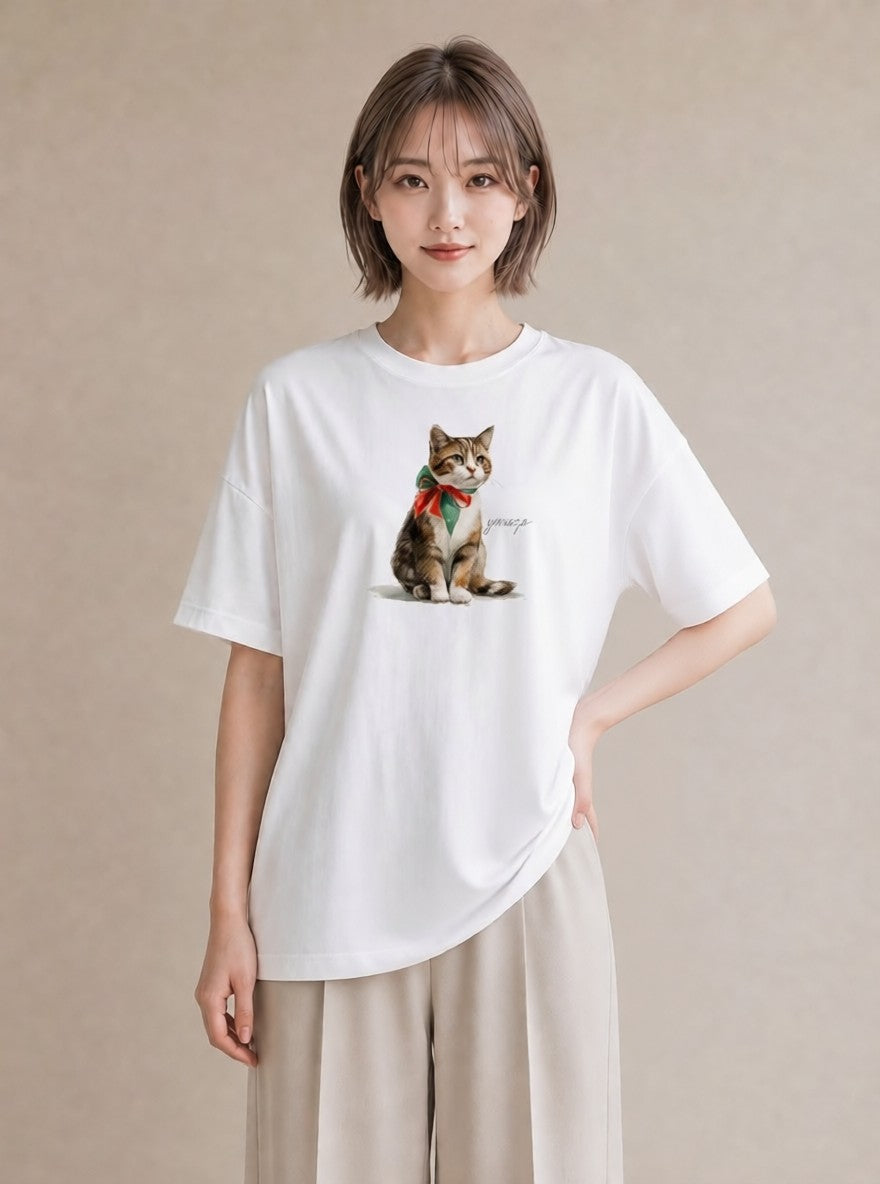 Tシャツ レディース 三毛猫 みけねこ 三毛 猫 ねこ イラスト 線画 在宅 公園 白T YMAZO