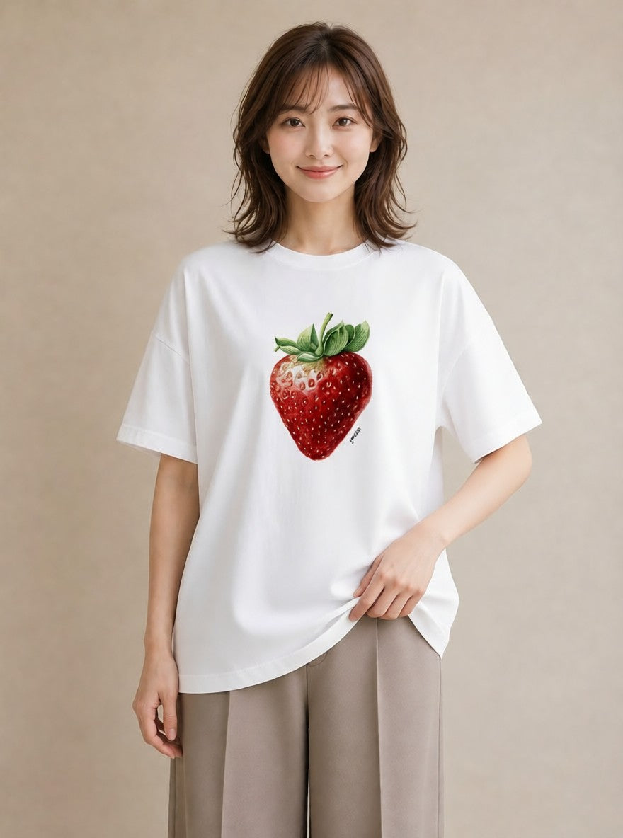 グラフィックTシャツ レディース いちご 苺 ストロベリー 食べ物 フード イラスト 個性的 綿100 デート 白T YMAZO