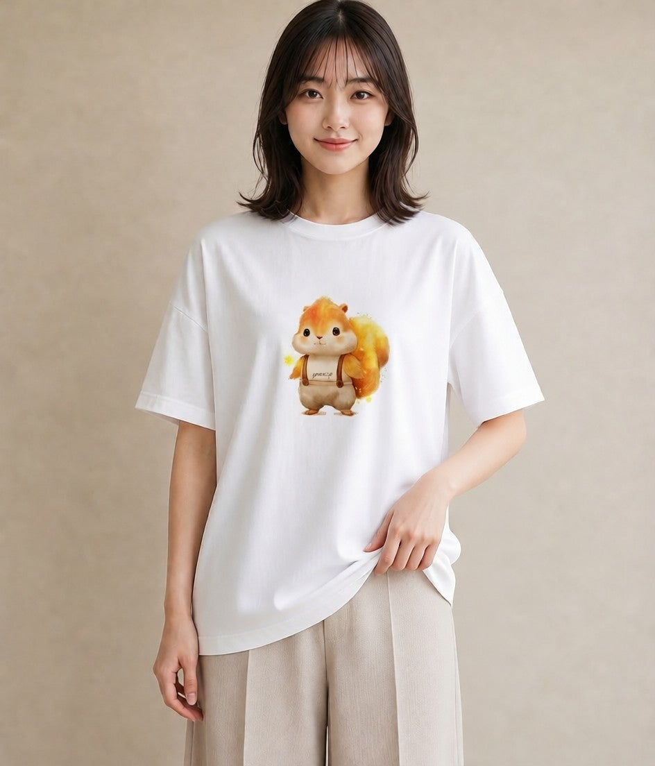 半袖Tシャツ レディース リス ペット 動物 イラスト 線画 ギフト 母の日 白T YMAZO