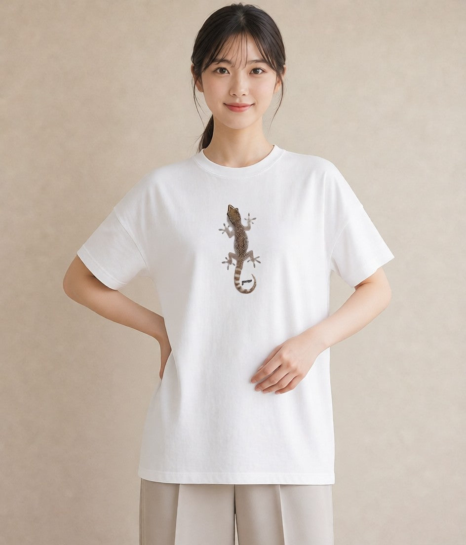 Tシャツ レディース ヤモリ ペット 動物 イラスト きれいめカジュアル ラフ レイヤード 白T YMAZO