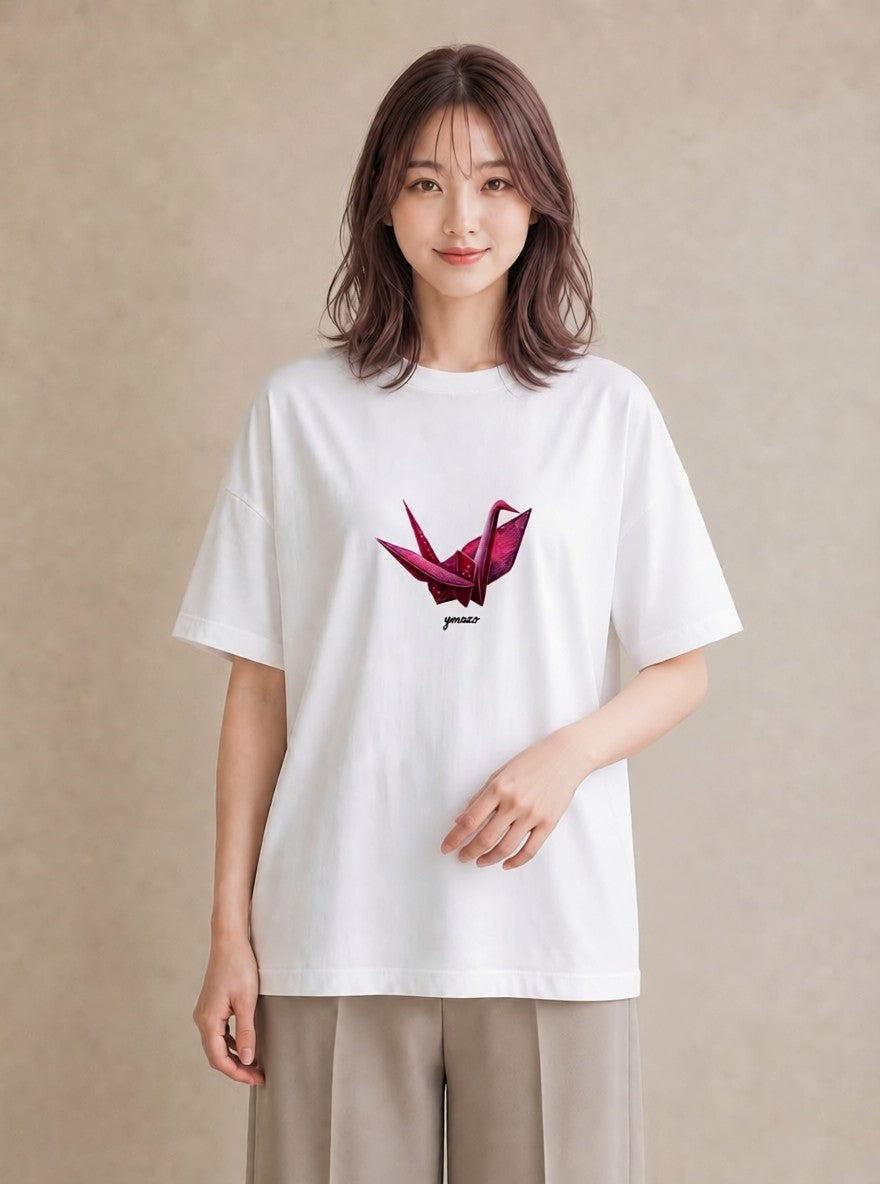 プリントTシャツ レディース 折り鶴 折り紙 ナチュラル アンティーク イラスト 淡色 ルームウェア ギフト 白T YMAZO