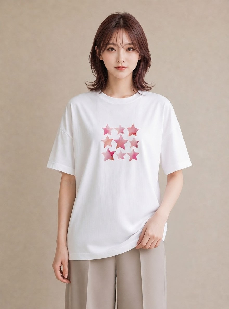 デザインTシャツ レディース 星空 宇宙 イラスト 休日コーデ 買い物 夏コーデ 白T YMAZO