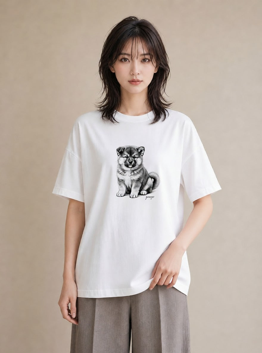 半袖Tシャツ レディース 秋田犬 犬 いぬ イラスト 抜け感 カジュアルコーデ 買い物 白T YMAZO