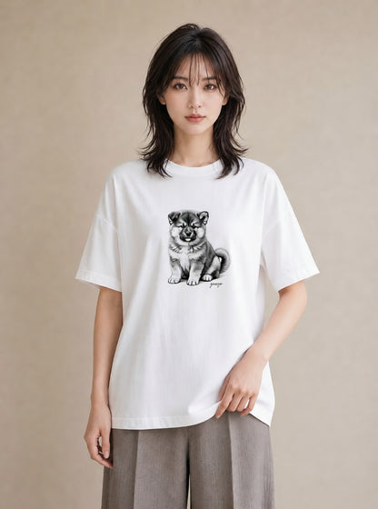 半袖Tシャツ レディース 秋田犬 犬 いぬ イラスト 抜け感 カジュアルコーデ 買い物 白T YMAZO