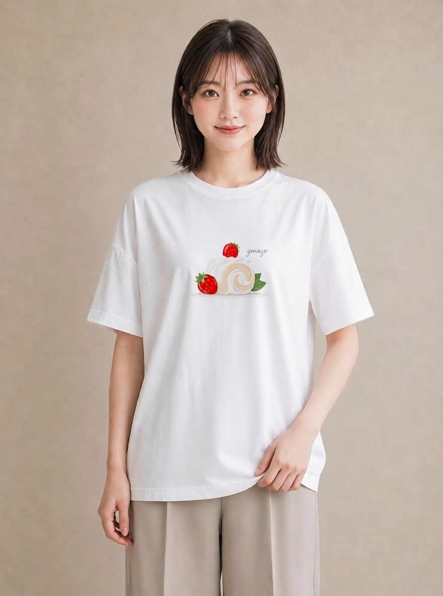 Tシャツ レディース ショートケーキ 食べ物 フード イラスト ユニーク デート 帰省 白T YMAZO