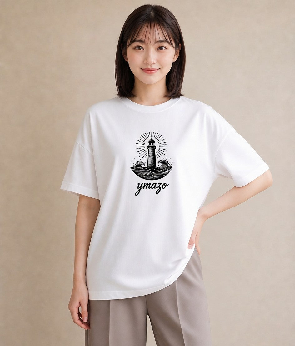 プリントTシャツ レディース 灯台 霧 海 ナチュラル アンティーク イラスト 個性的 カフェ巡り 女子会 白T YMAZO