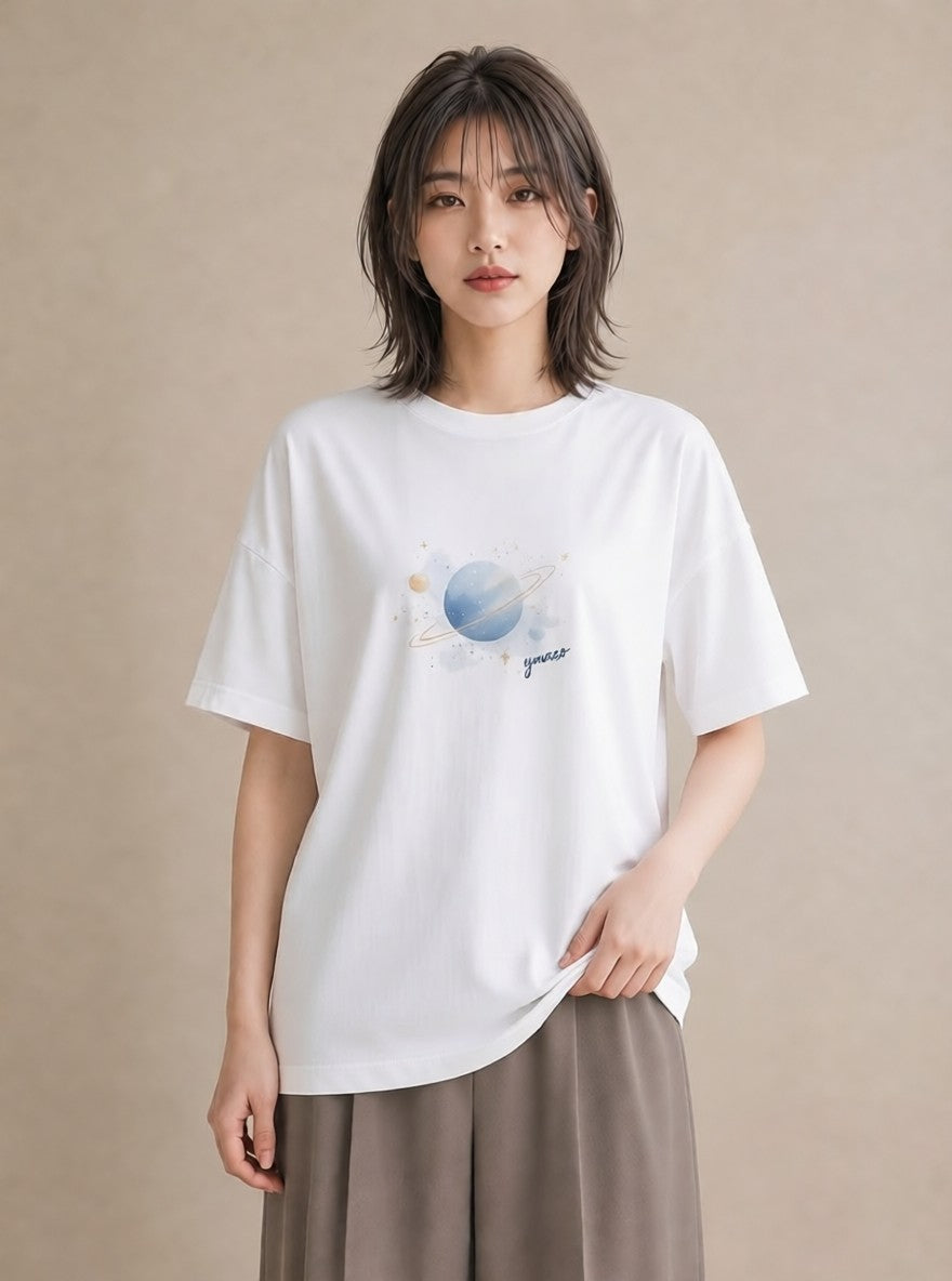 Tシャツ レディース 乙女座 星空 宇宙 イラスト シンプル 海 カフェ巡り 白T YMAZO