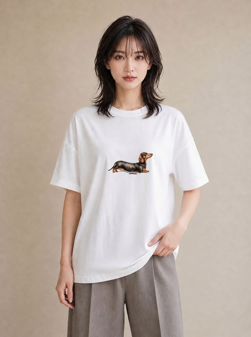 デザインTシャツ レディース ミニチュアダックスフンド 犬 いぬ イラスト ミニマル 親子 20代 白T YMAZO