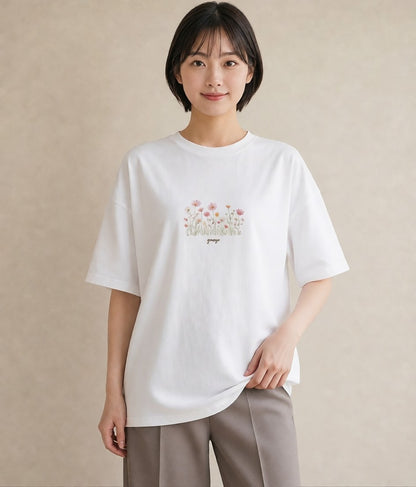 Tシャツ レディース デイジー 花 花柄 イラスト きれいめカジュアル 在宅 公園 白T YMAZO