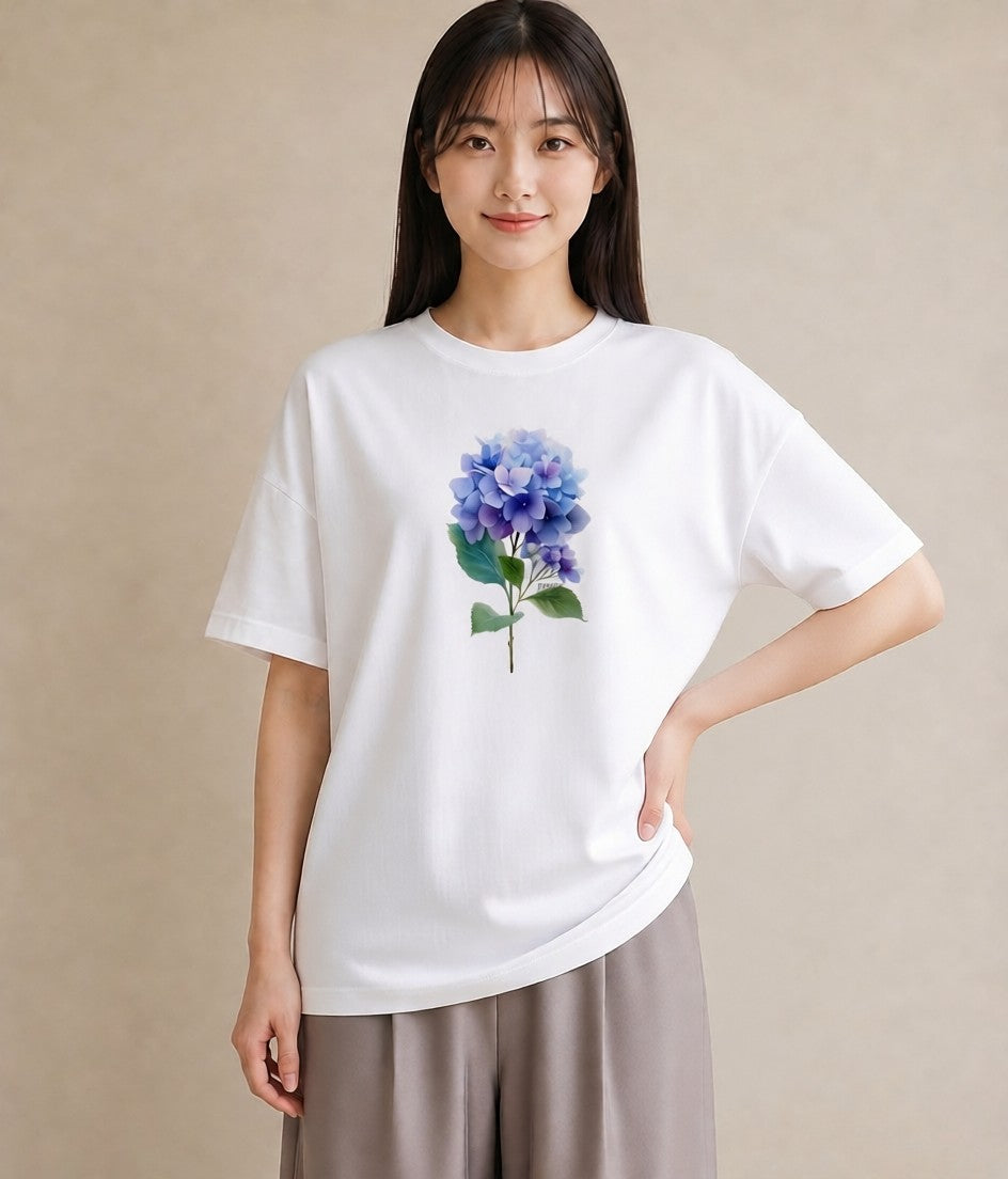 プリントTシャツ レディース あじさい 紫陽花 アジサイ 花 花柄 イラスト 上品 友達ギフト 部屋着 白T YMAZO