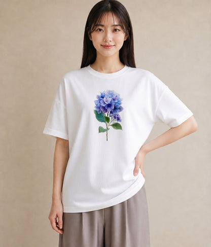 プリントTシャツ レディース あじさい 紫陽花 アジサイ 花 花柄 イラスト 上品 友達ギフト 部屋着 白T YMAZO