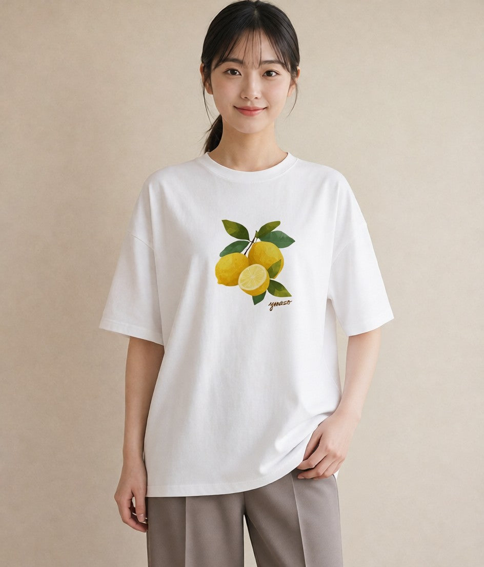 半袖Tシャツ レディース レモン 檸檬 食べ物 フード イラスト モード 送別ギフト 通勤 白T YMAZO