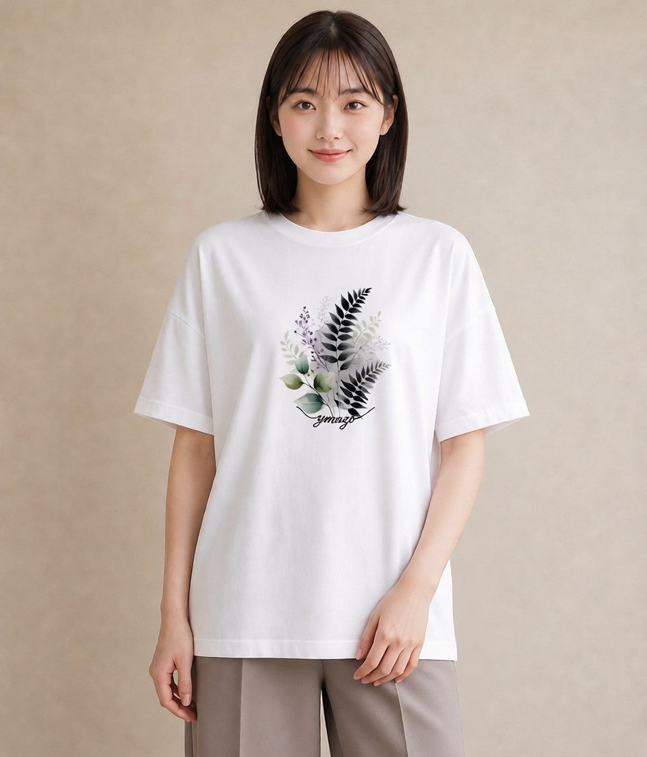 デザインTシャツ レディース シダ 植物 ボタニカル イラスト シック 帰省 ラフ 白T YMAZO