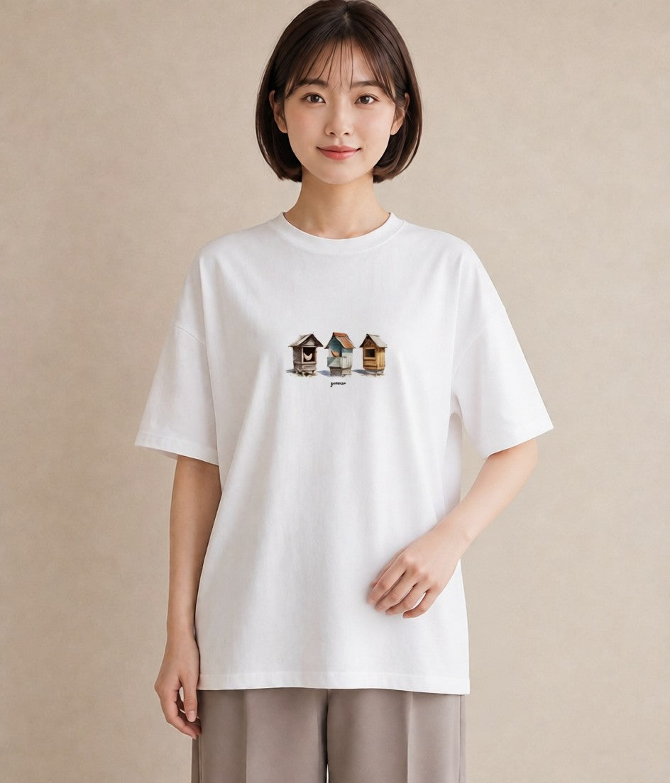 半袖Tシャツ レディース 遠い家と鳥 風景 鳥 ナチュラル アンティーク イラスト 北欧風 海 カフェ巡り 白T YMAZO