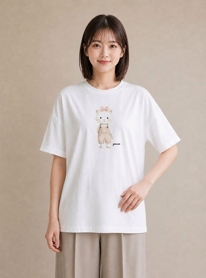 Tシャツ レディース 白猫 猫 ねこ イラスト 手描き風 デート 帰省 白T YMAZO