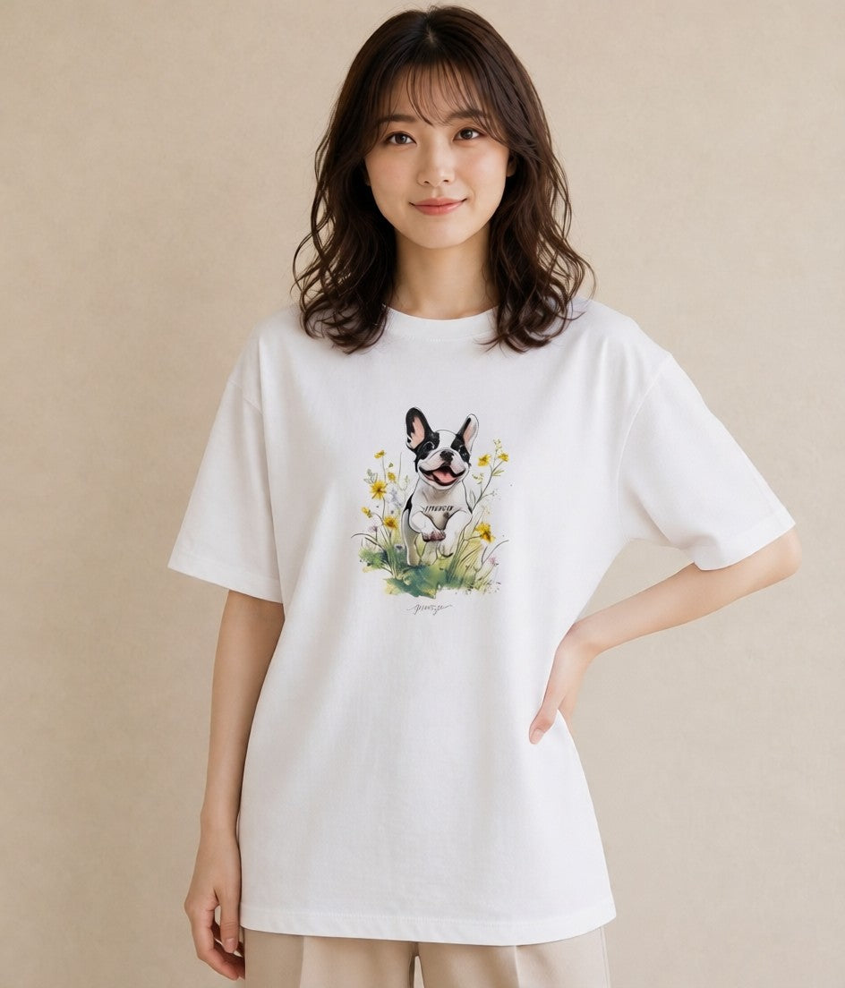 デザインTシャツ レディース フレンチブルドッグ フレブル 犬 いぬ イラスト 手描き風 春服 ミセス 白T YMAZO
