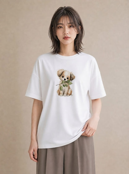 Tシャツ レディース 犬 いぬ イラスト 上品 母娘コーデ 自分用 白T YMAZO