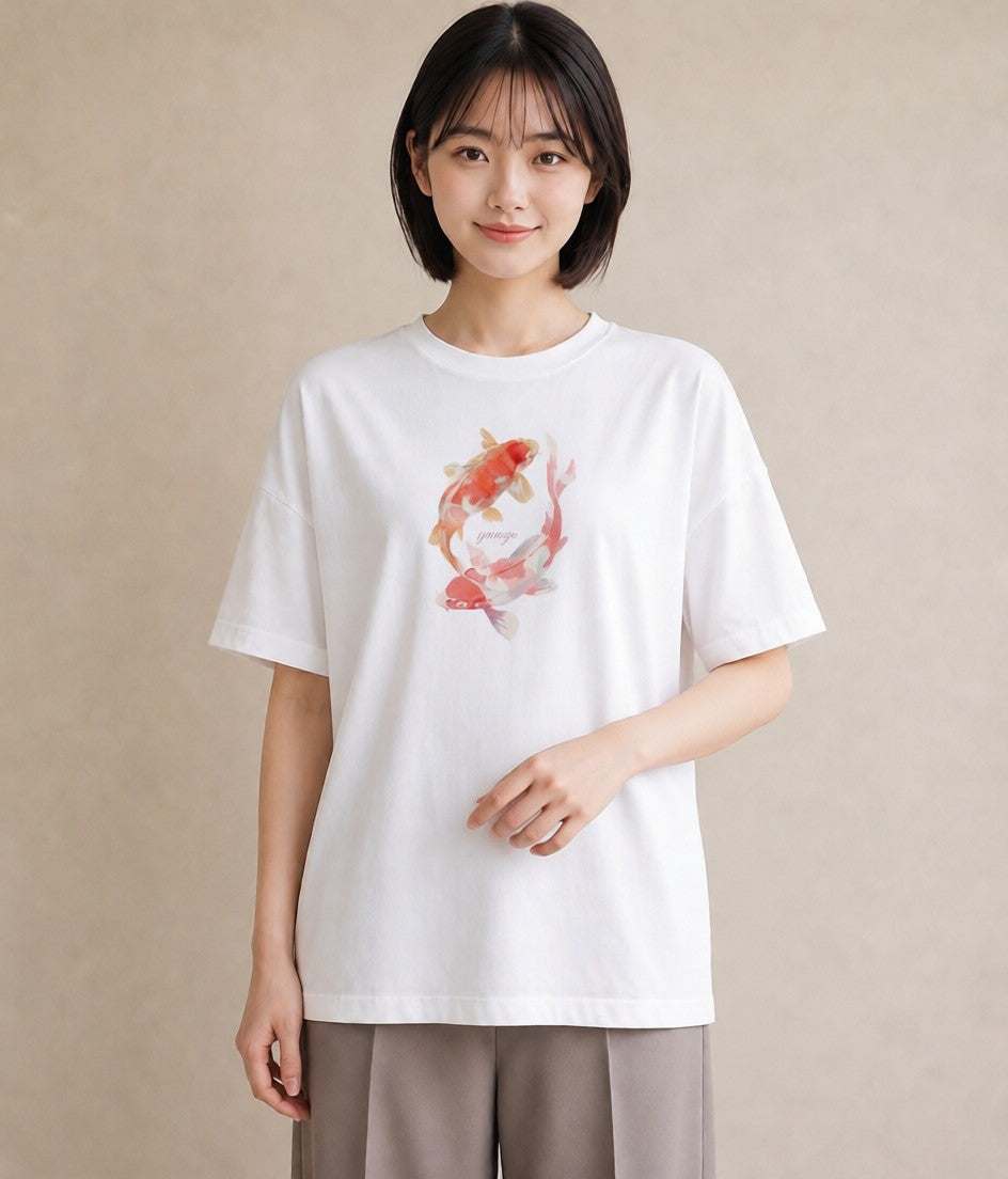プリントTシャツ レディース 出目金 ペット 動物 イラスト フェミニン 綿100 デート 白T YMAZO