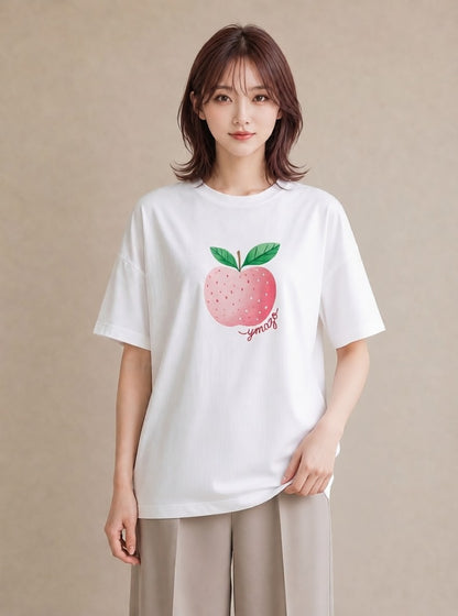 プリントTシャツ レディース もも 食べ物 フード イラスト フェミニン ラフ レイヤード 白T YMAZO