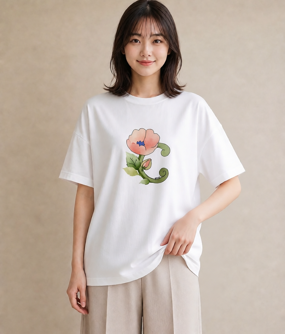 グラフィックTシャツ レディース 椿 花 花柄 イラスト 上品 デート 帰省 白T