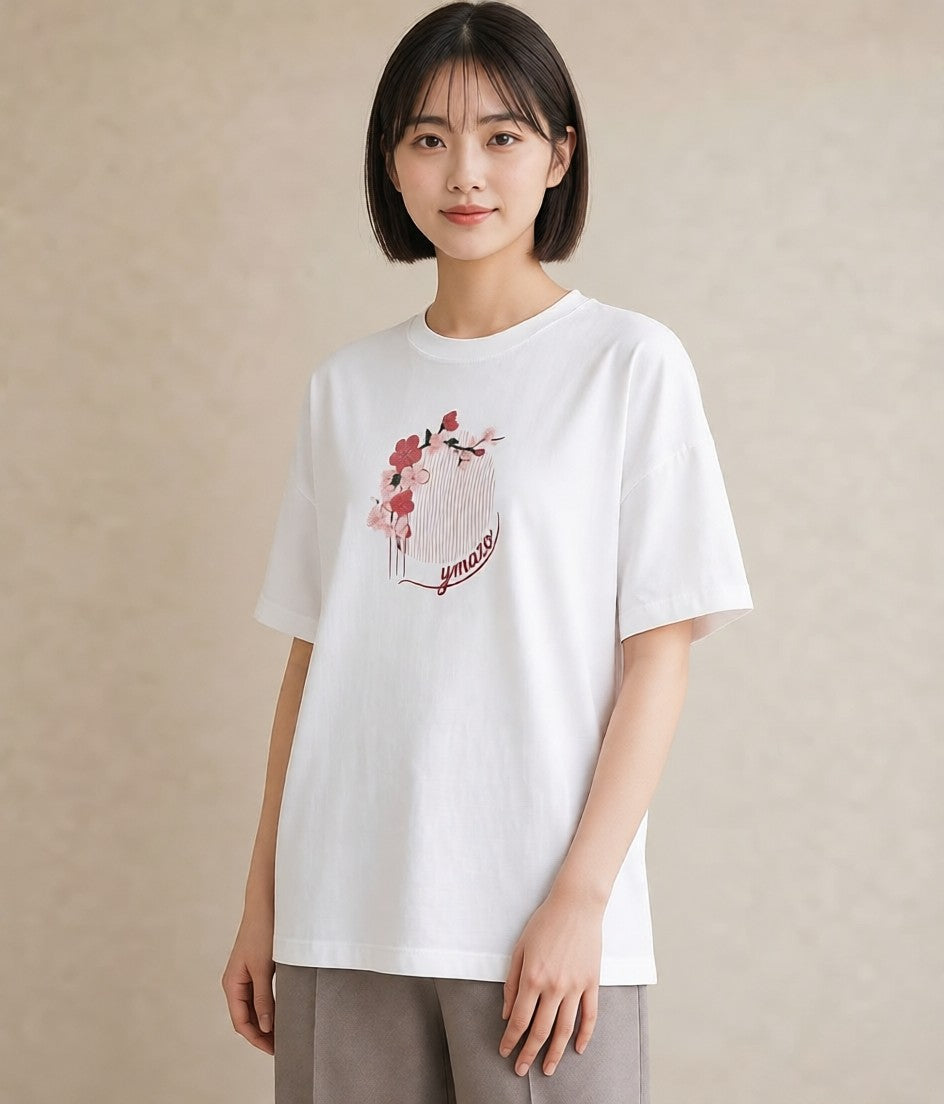 半袖Tシャツ レディース 扇子 そよ風 ナチュラル アンティーク イラスト シック 在宅 公園 白T YMAZO