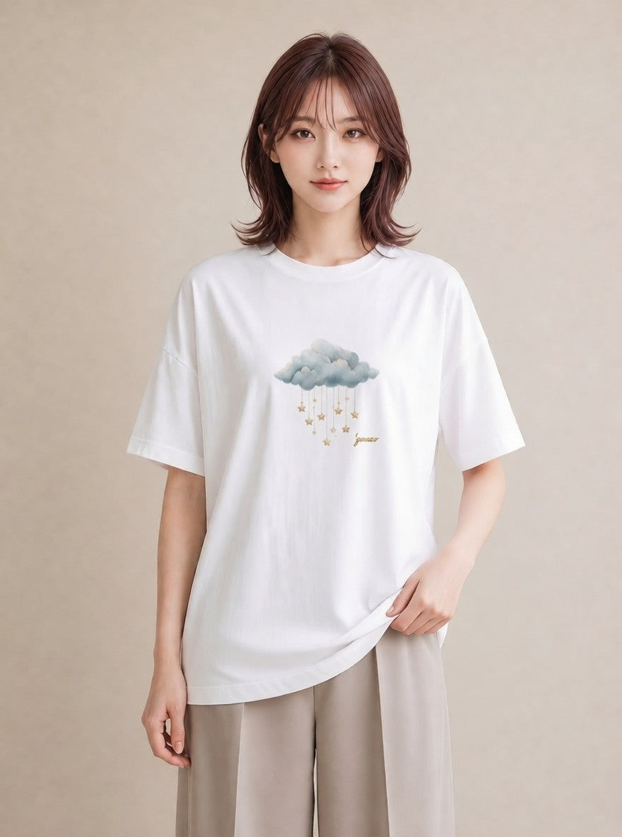 Tシャツ レディース 空 星空 宇宙 イラスト ゆるかわ ホワイトデー 春服 白T YMAZO