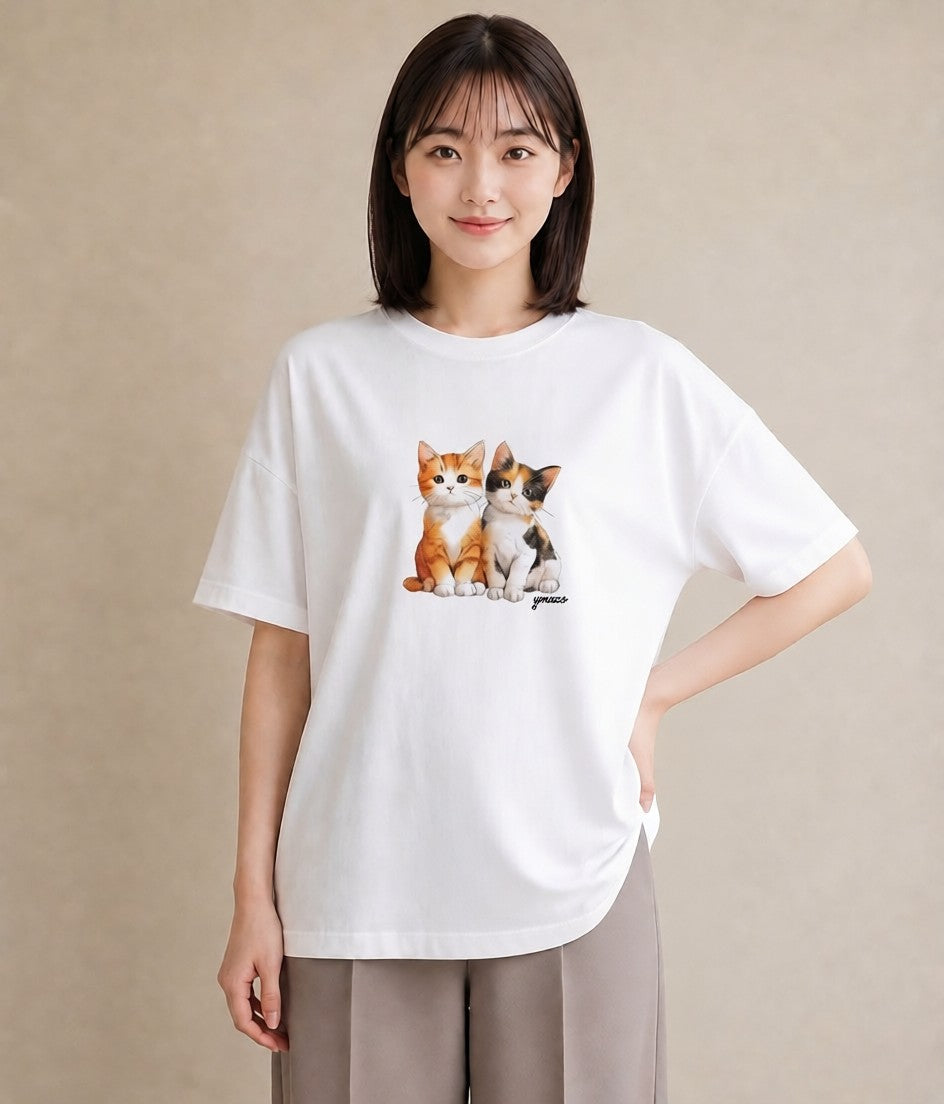 半袖Tシャツ レディース 子猫 猫 ねこ イラスト ガーリー 通勤 在宅 白T YMAZO