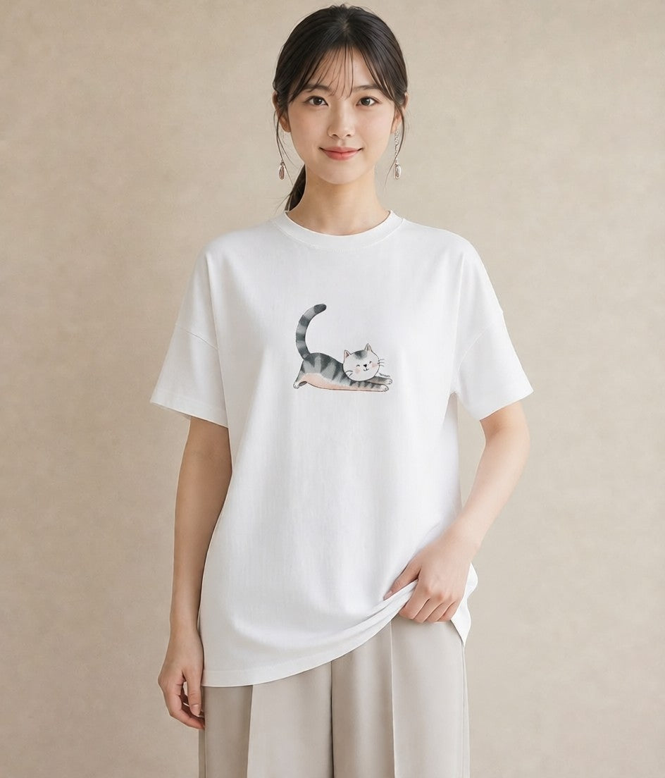 半袖Tシャツ レディース マンチカン 猫 ねこ イラスト カジュアル 在宅 公園 白T YMAZO