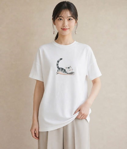 半袖Tシャツ レディース マンチカン 猫 ねこ イラスト カジュアル 在宅 公園 白T YMAZO