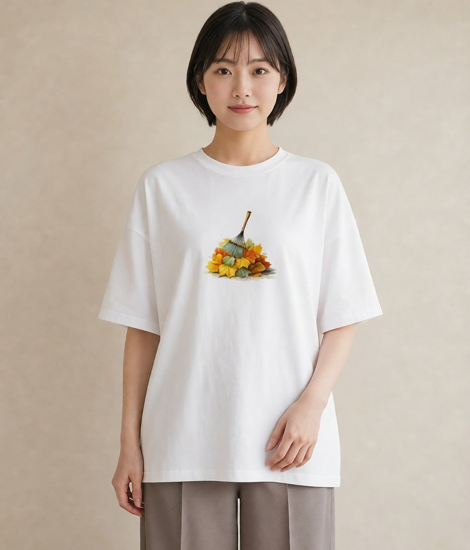半袖Tシャツ レディース 落ち葉 植物 ボタニカル イラスト ラフ 綿100 デート 白T YMAZO