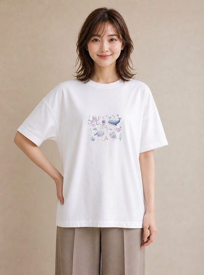 グラフィックTシャツ レディース クジラ 海の生き物 海 イラスト 休日 ペアコーデ 白T YMAZO