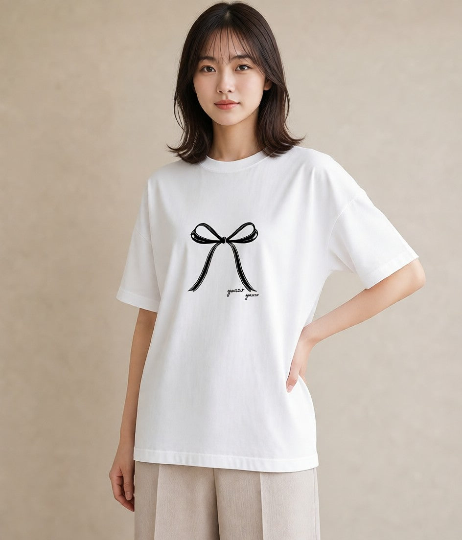 プリントTシャツ レディース リボン ボウ りぼん イラスト ナチュラル 通学 誕生日プレゼント 白T YMAZO