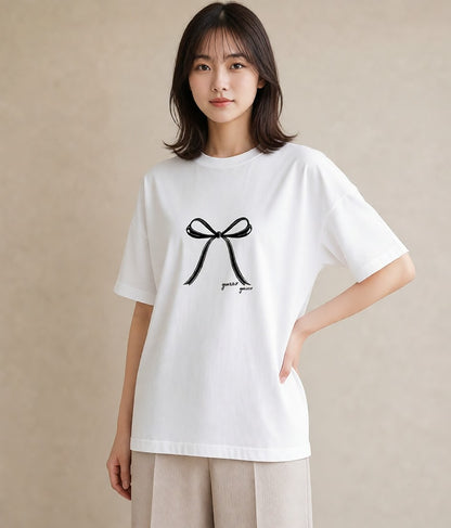 プリントTシャツ レディース リボン ボウ りぼん イラスト ナチュラル 通学 誕生日プレゼント 白T YMAZO