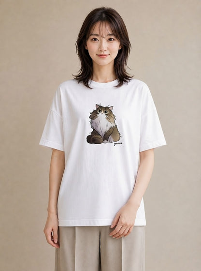 グラフィックTシャツ レディース 猫 ねこ イラスト 休日コーデ ミセス 春コーデ 白T YMAZO