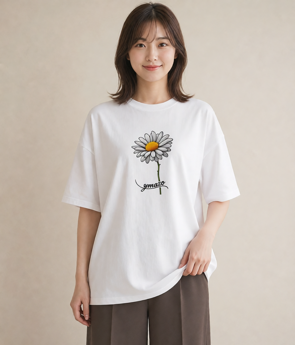 グラフィックTシャツ レディース マーガレット 花 花柄 イラスト ユニーク 普段着 週末コーデ 白T