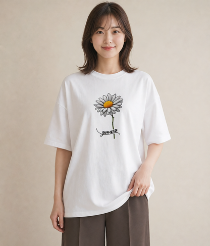 グラフィックTシャツ レディース マーガレット 花 花柄 イラスト ユニーク 普段着 週末コーデ 白T