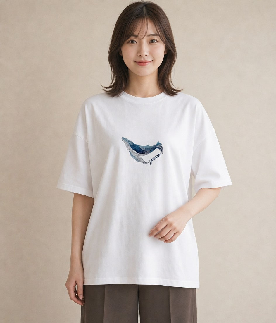 デザインTシャツ レディース クジラ 海の生き物 海 イラスト シンプル 休日 ペアコーデ 白T YMAZO