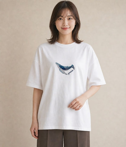 デザインTシャツ レディース クジラ 海の生き物 海 イラスト シンプル 休日 ペアコーデ 白T YMAZO