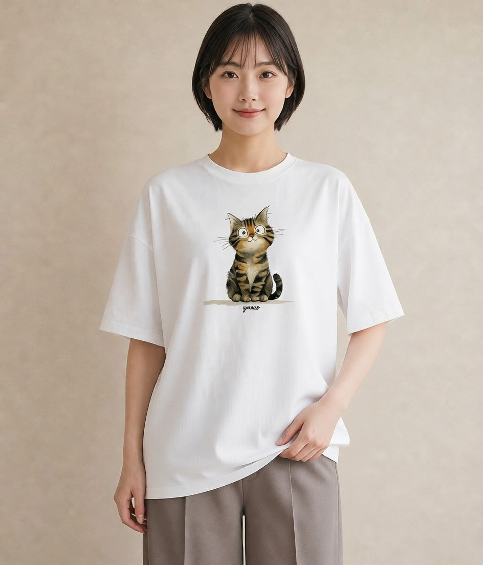 半袖Tシャツ レディース 猫好き 猫 ねこ イラスト モード 敬老の日 ホワイトデー 白T YMAZO