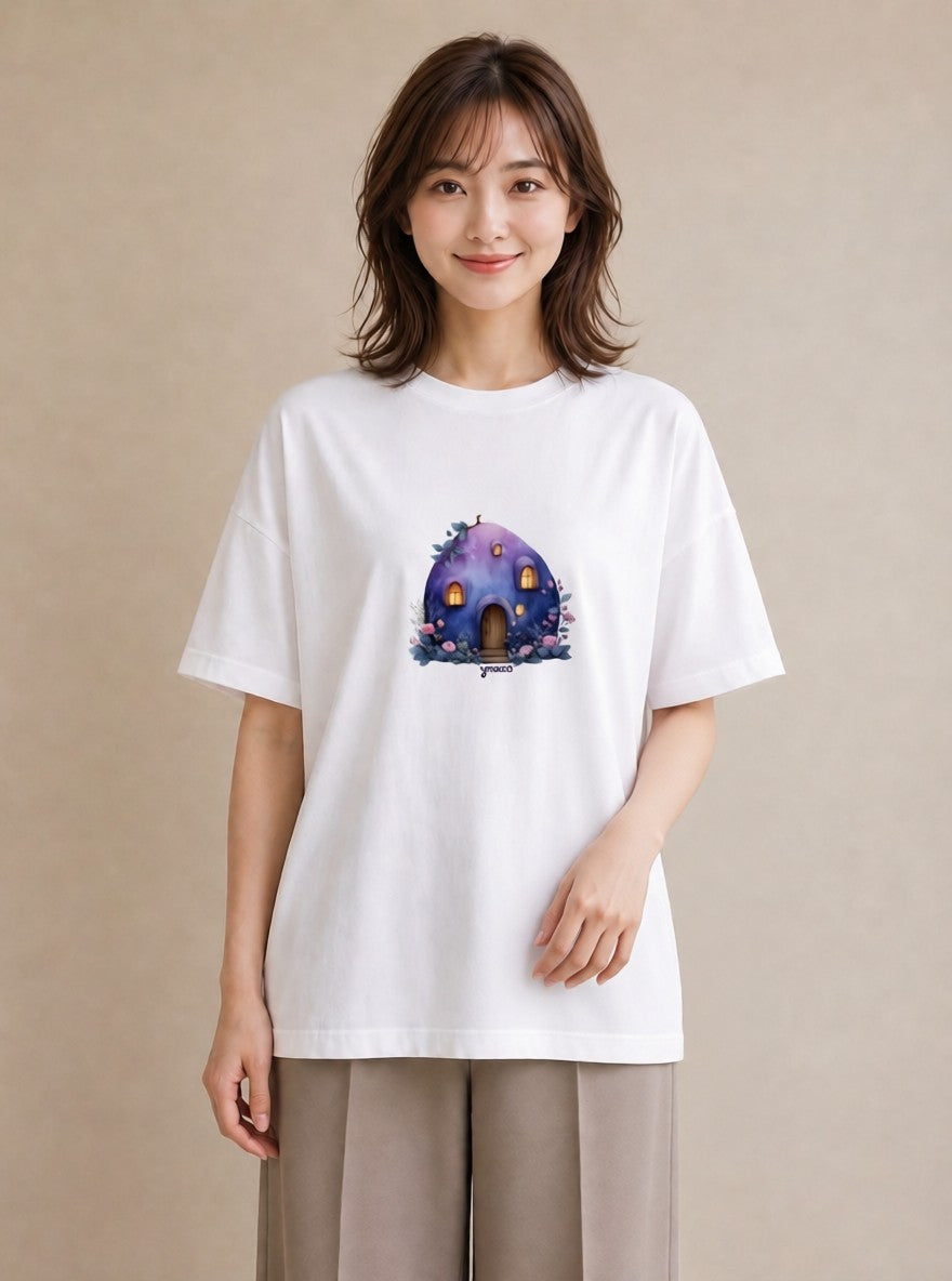 グラフィックTシャツ レディース 灯りの家 小屋 夜 ナチュラル アンティーク イラスト ボタニカル 誕生日プレゼント 綿100 白T YMAZO