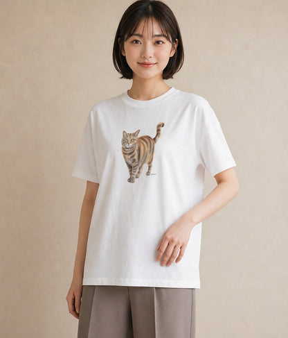 半袖Tシャツ レディース ブリティッシュショートヘア 猫 ねこ イラスト シック ビーチ デイリーウェア 白T YMAZO