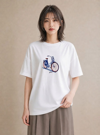 グラフィックTシャツ レディース 自転車のかご 自転車 花かご ナチュラル アンティーク イラスト お洒落 通学 誕生日プレゼント 白T YMAZO