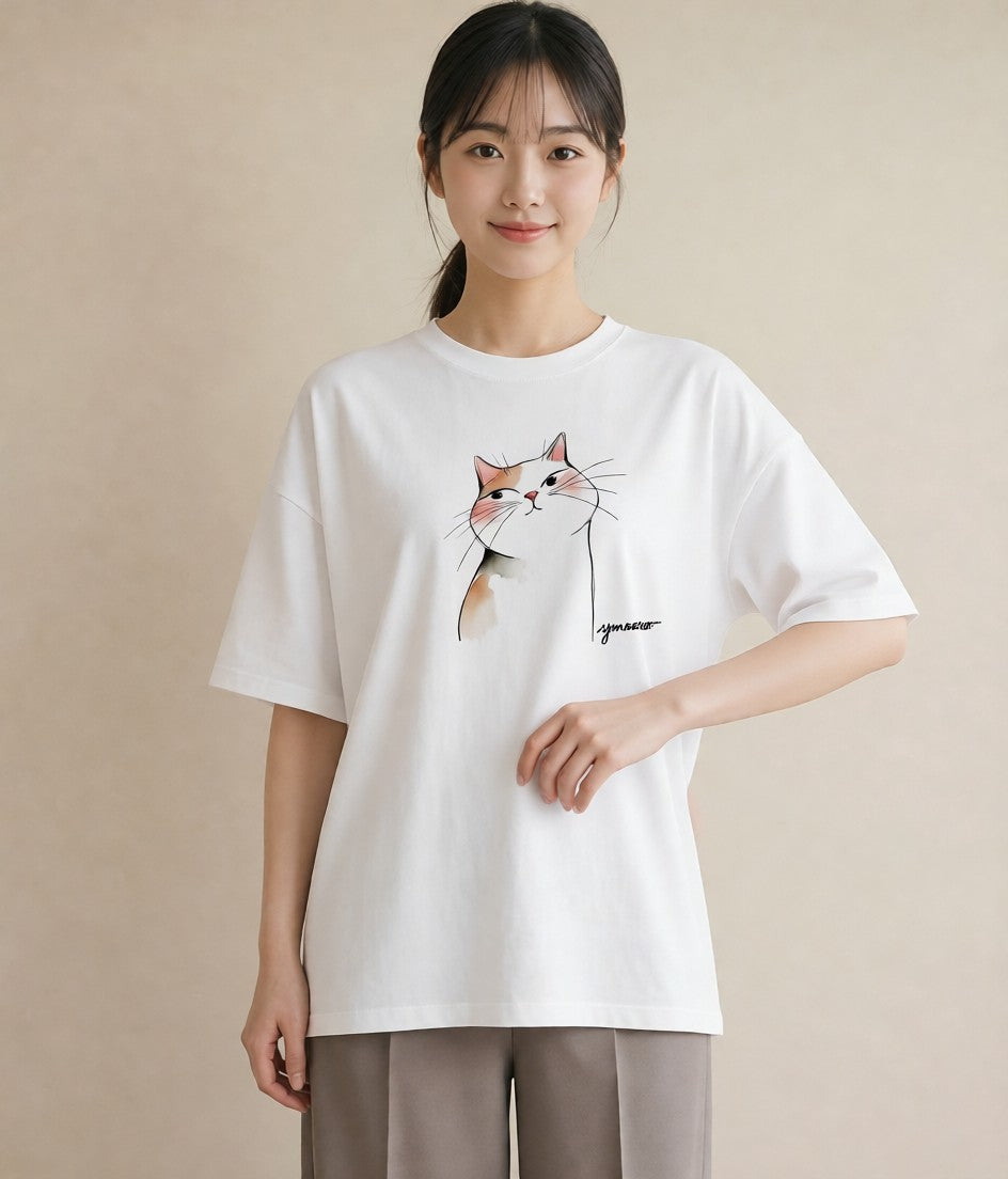 デザインTシャツ レディース エキゾチックショートヘア 猫 ねこ イラスト ルームウェア ギフト 白T YMAZO